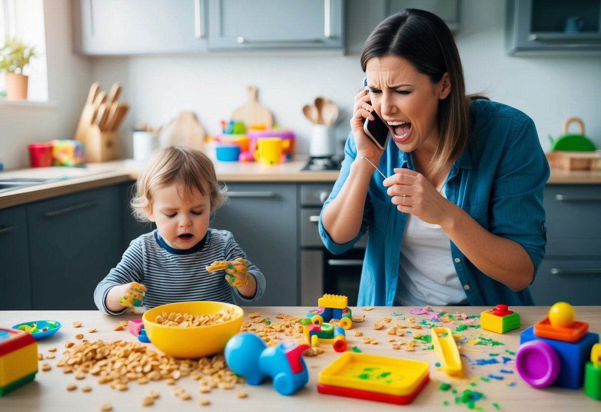 A chaotic kitchen with spilled cereal, toys, and a frustrated parent on the phone, while a toddler creates a mess with finger paint