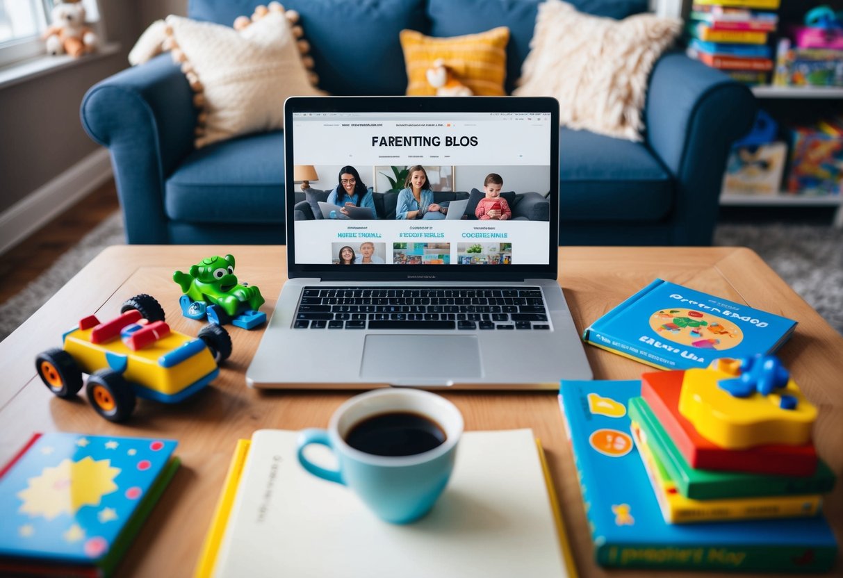 A cozy living room with a laptop open to a parenting blog, surrounded by toys and children's books. A cup of coffee sits on the table