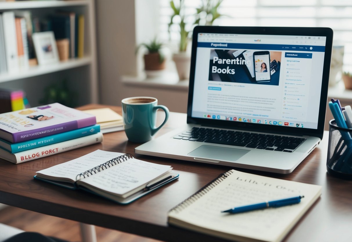 A cozy home office with a desk cluttered with parenting books and a laptop open to a blog post. A mug of coffee sits next to a notepad filled with handwritten notes