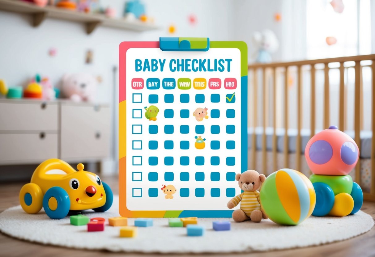 A colorful checklist with cute baby-themed illustrations and checkboxes, surrounded by playful baby toys and a cozy nursery setting