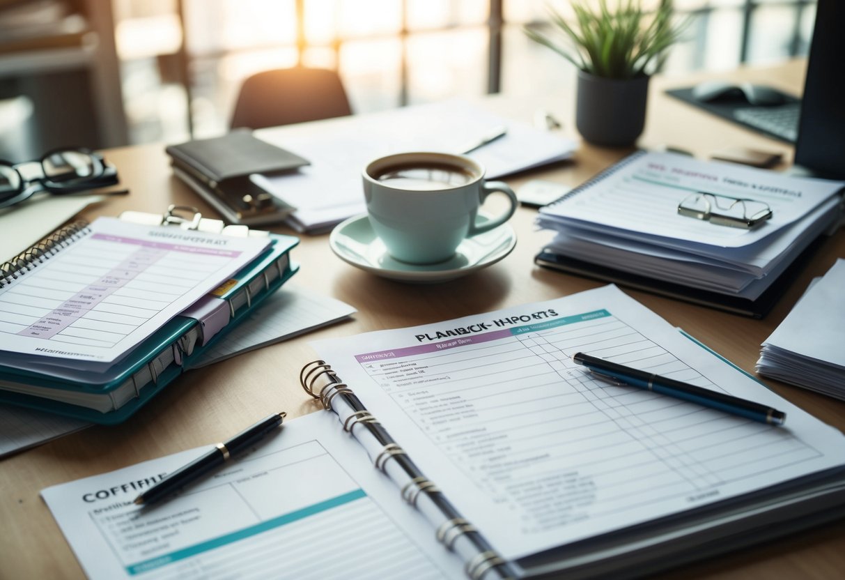 A cluttered desk with a planner, checklists, and printables scattered across it. A cup of coffee sits next to a stack of papers