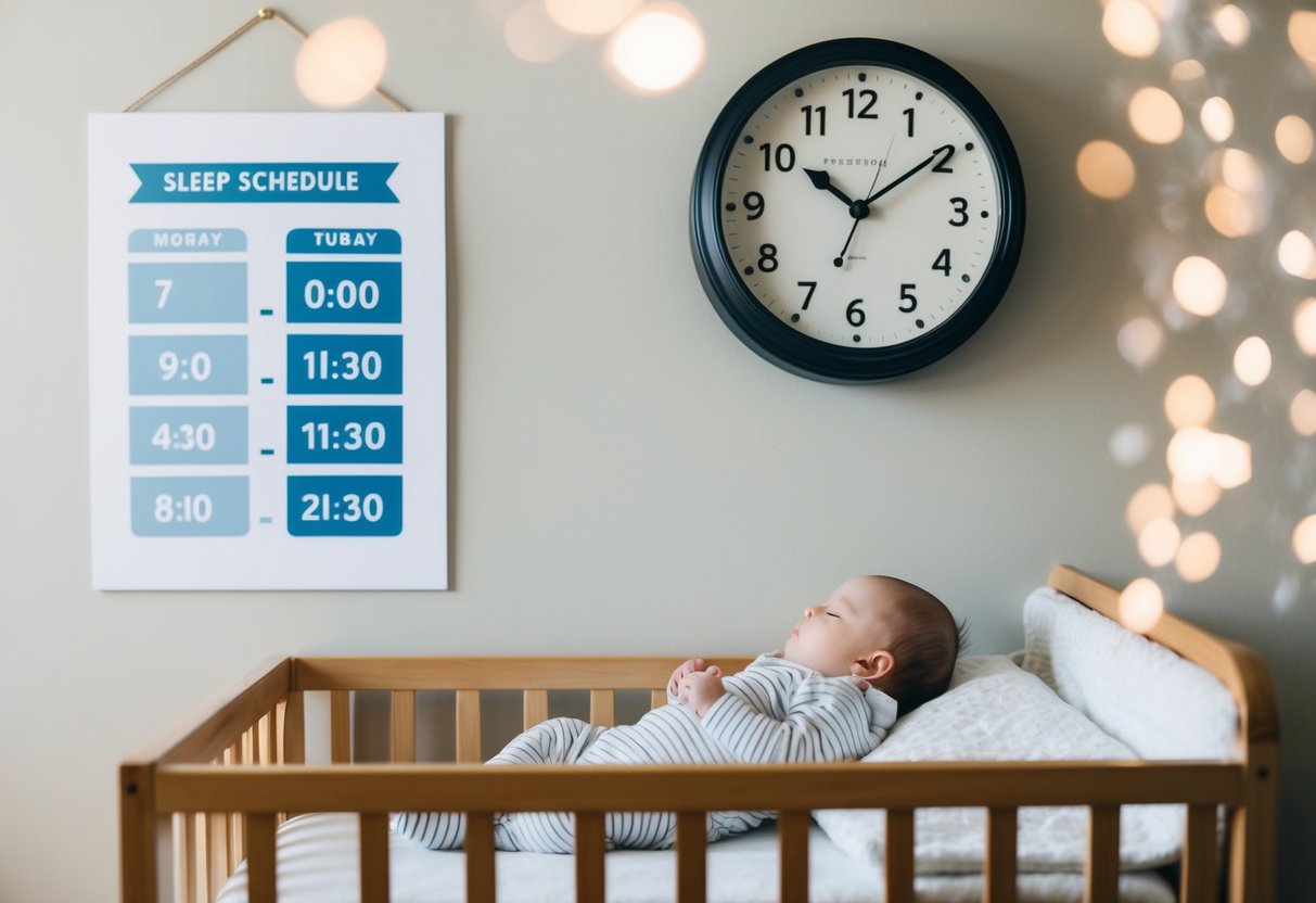 A cozy nursery with a sleeping baby, a clock showing bedtime, and a printable sleep schedule displayed on the wall