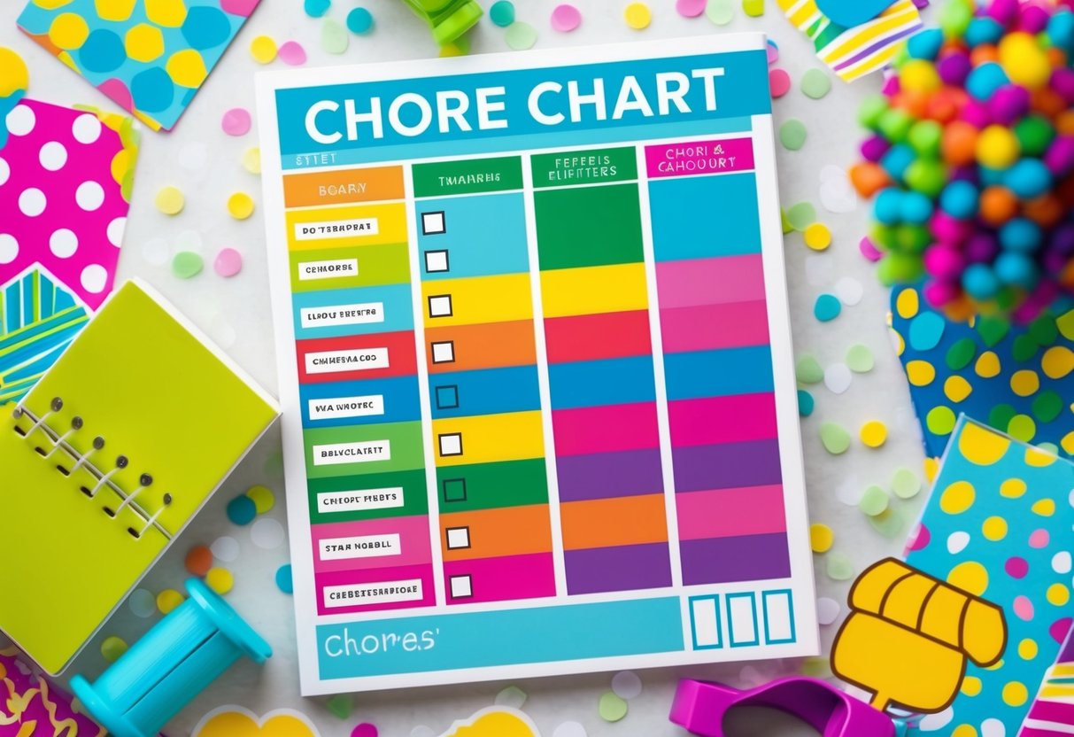 A colorful chore chart with checkboxes and categories, surrounded by playful illustrations and fun patterns