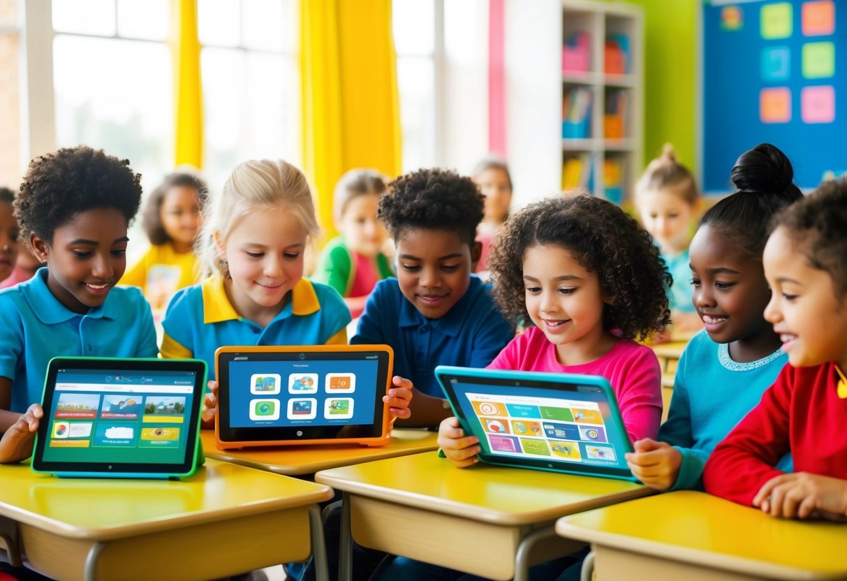 A diverse group of children engaging with interactive educational websites on their devices in a bright, colorful classroom setting