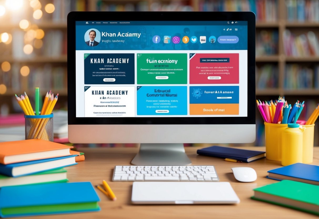 A computer screen displaying Khan Academy and eight other educational websites, surrounded by colorful books and school supplies