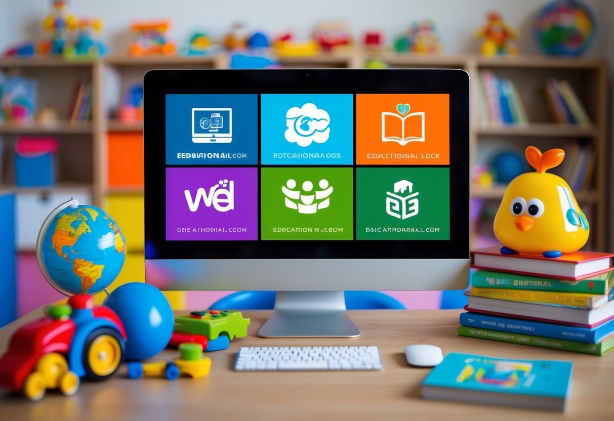 A colorful computer screen with nine educational website logos displayed, surrounded by children's toys and books