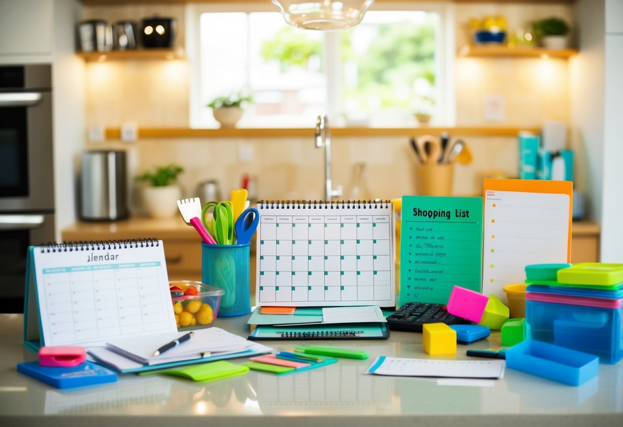A cluttered kitchen counter with a calendar, shopping list, meal planner, and various colorful organizational tools scattered around