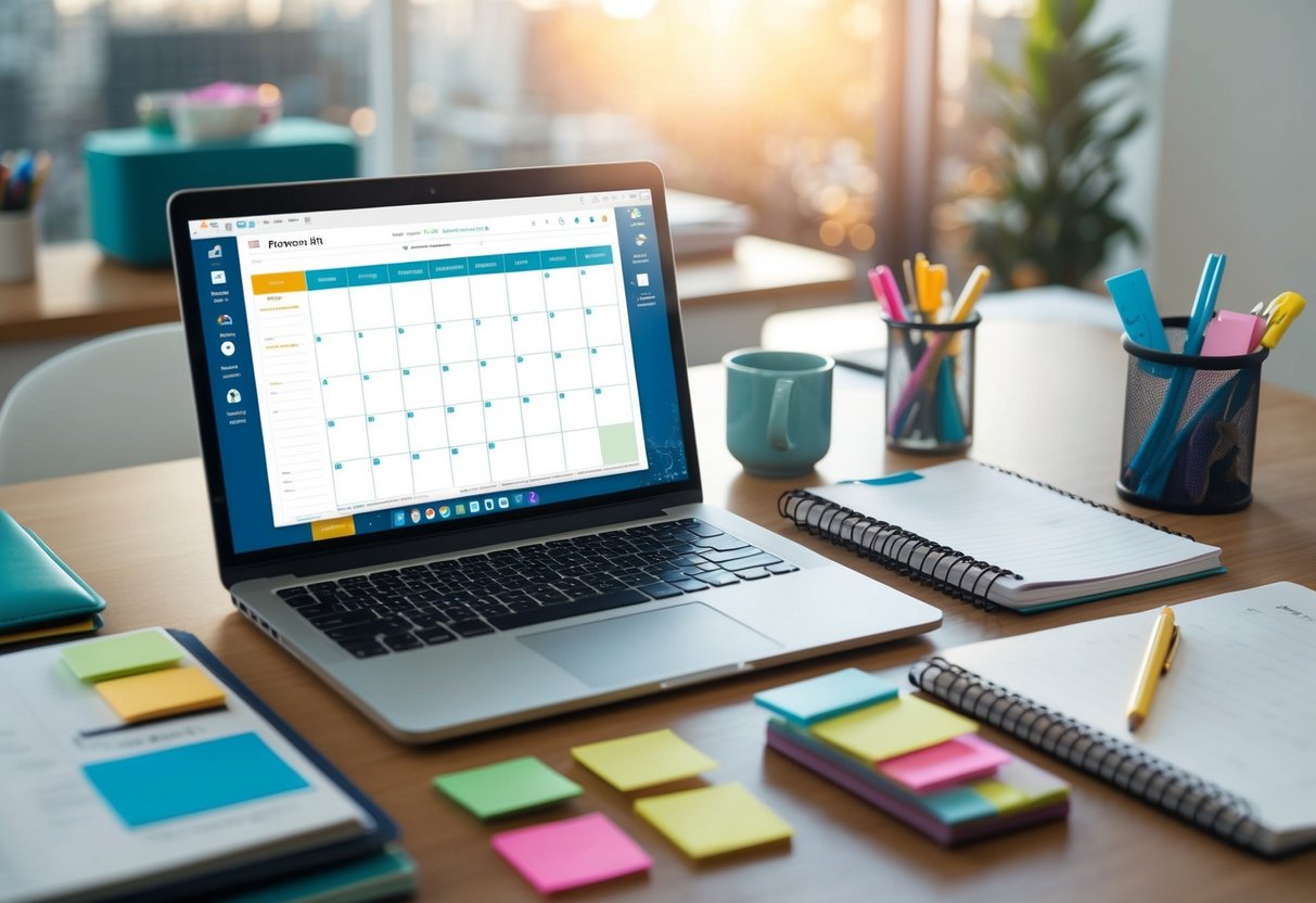 A busy parent's desk with a laptop open to Google Calendar, surrounded by a planner, sticky notes, and various organizational tools