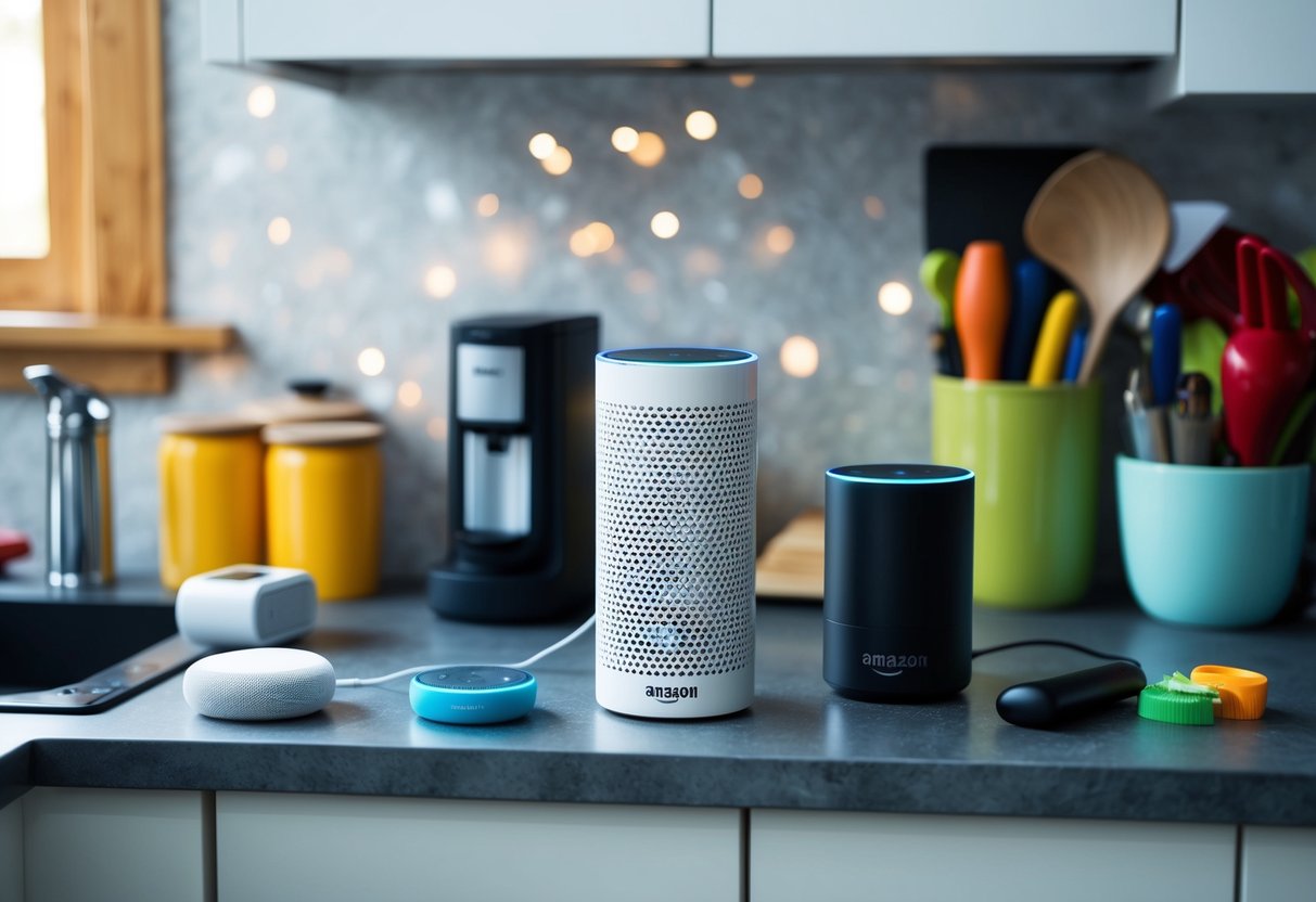 A cluttered kitchen counter with Amazon Echo and various parenting tools organized neatly in a row