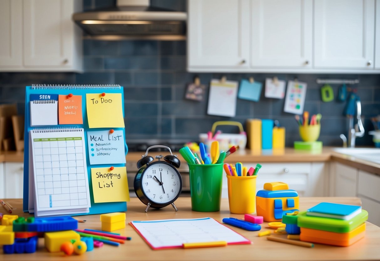 A cluttered kitchen counter with a calendar, to-do list, meal planner, and shopping list pinned up, surrounded by scattered children's toys and school supplies