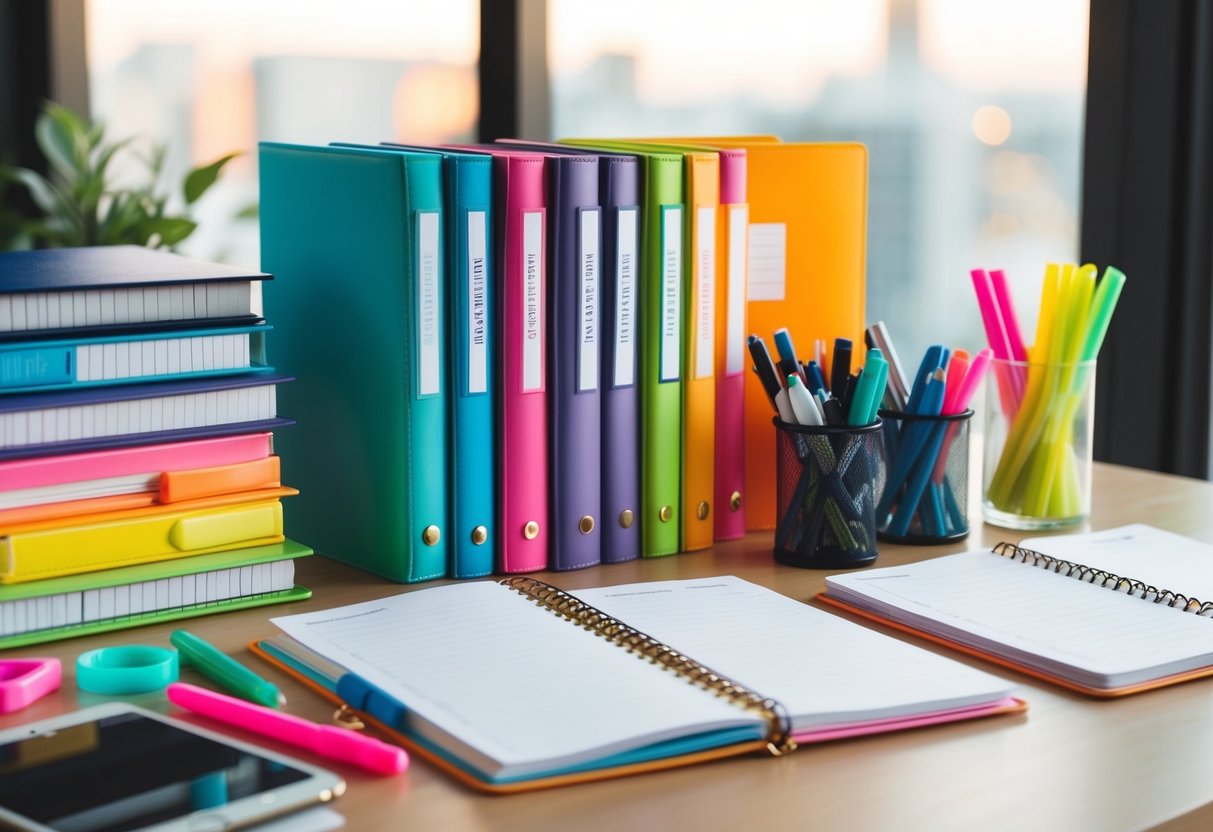 A desk with colorful parenting planners and journals arranged neatly, surrounded by pens and highlighters