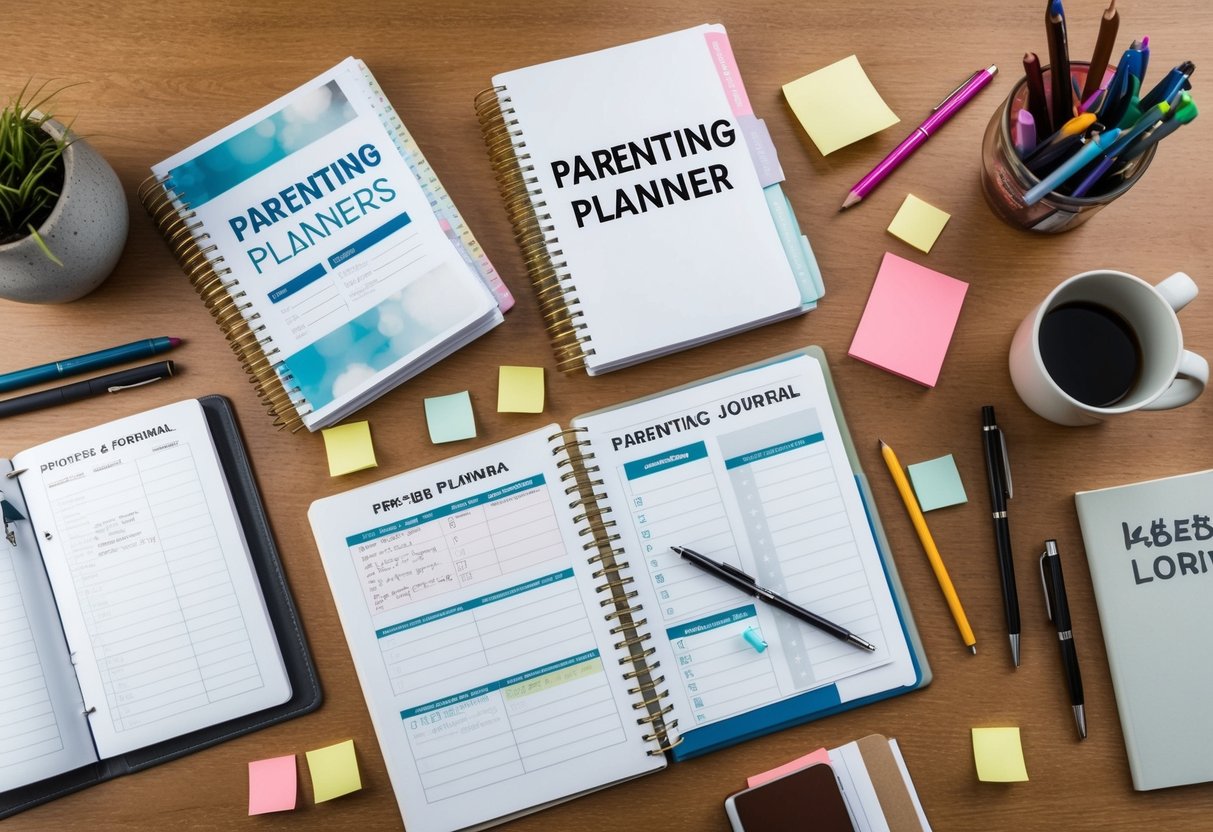 A cluttered desk with open parenting planners and journals, surrounded by pens, sticky notes, and a mug of coffee