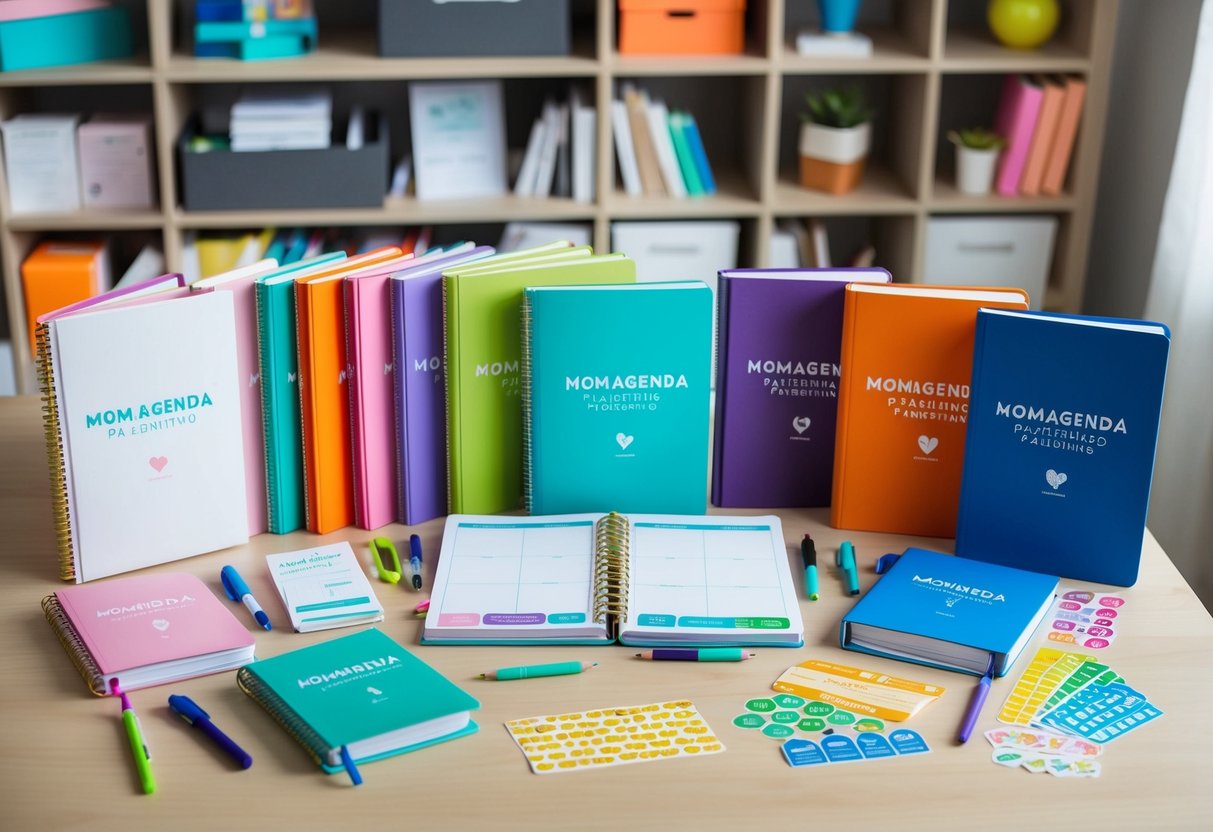 A colorful array of MomAgenda Parenting Planners and Journals neatly arranged on a desk, with pens and stickers scattered around for added organization and personalization