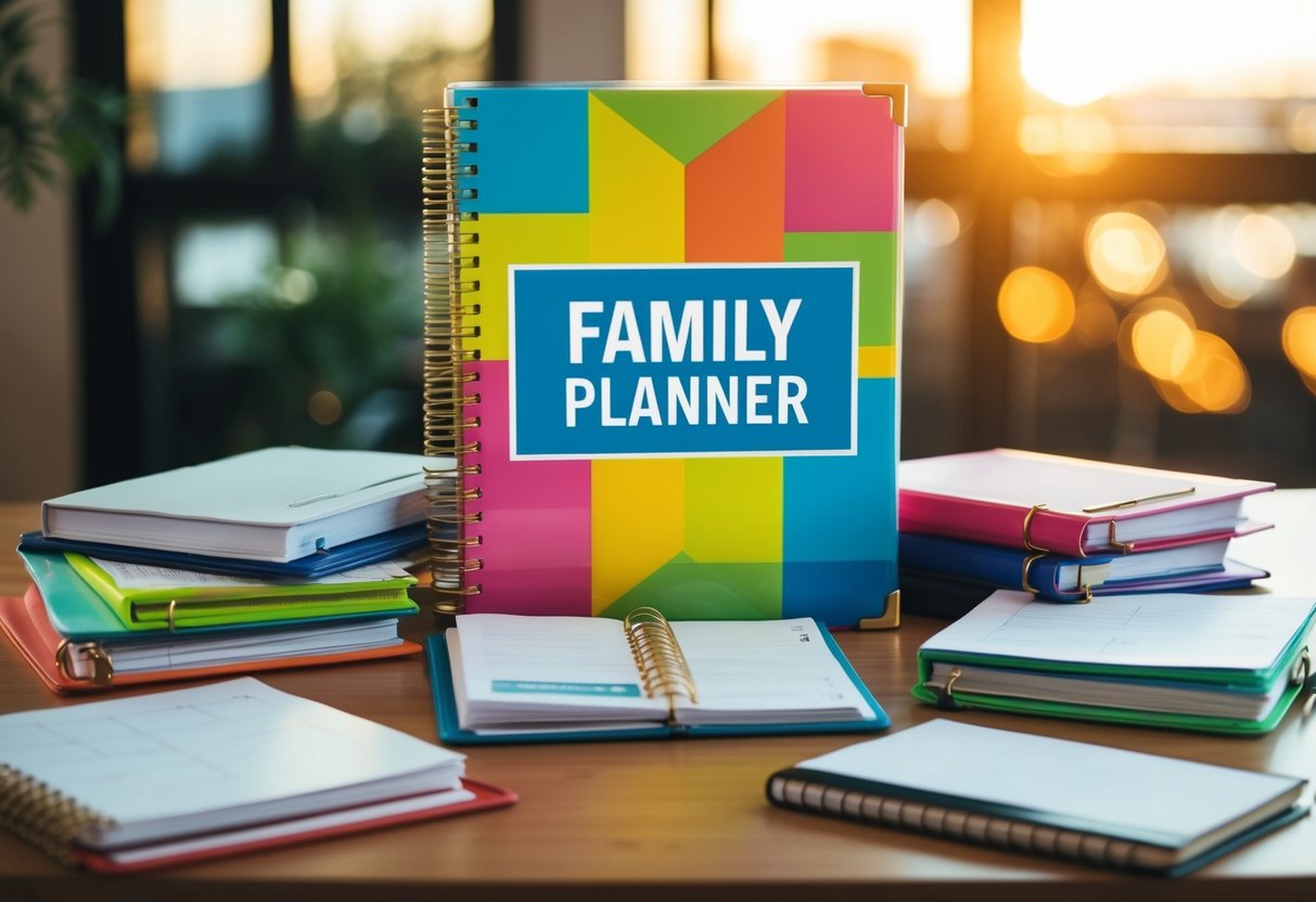 Colorful family planner surrounded by various parenting journals on a desk