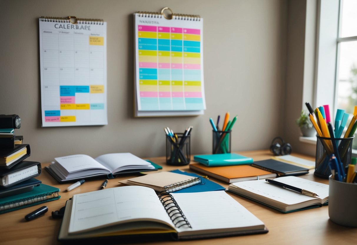 A cluttered desk with open planners, journals, and pens scattered around. A calendar hangs on the wall, filled with colorful events and appointments