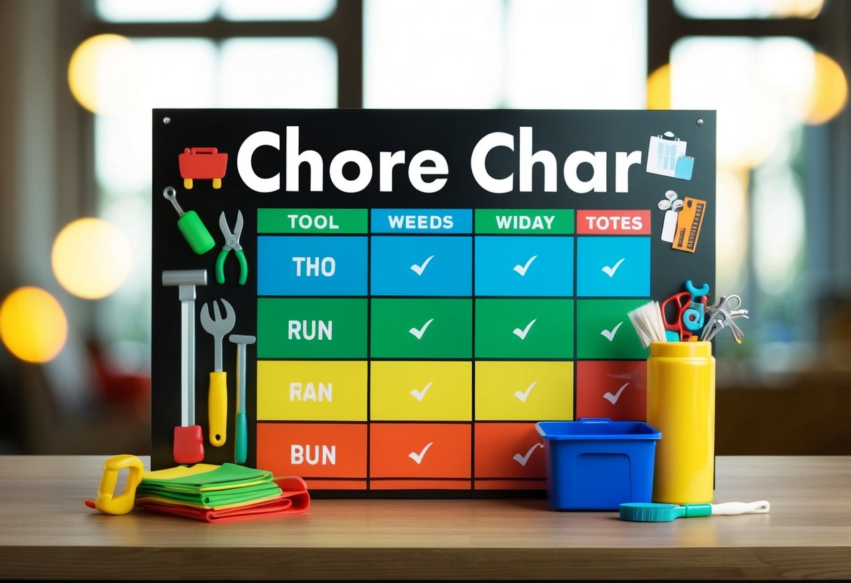 A colorful chore chart display with various tools and illustrations, representing a family routine