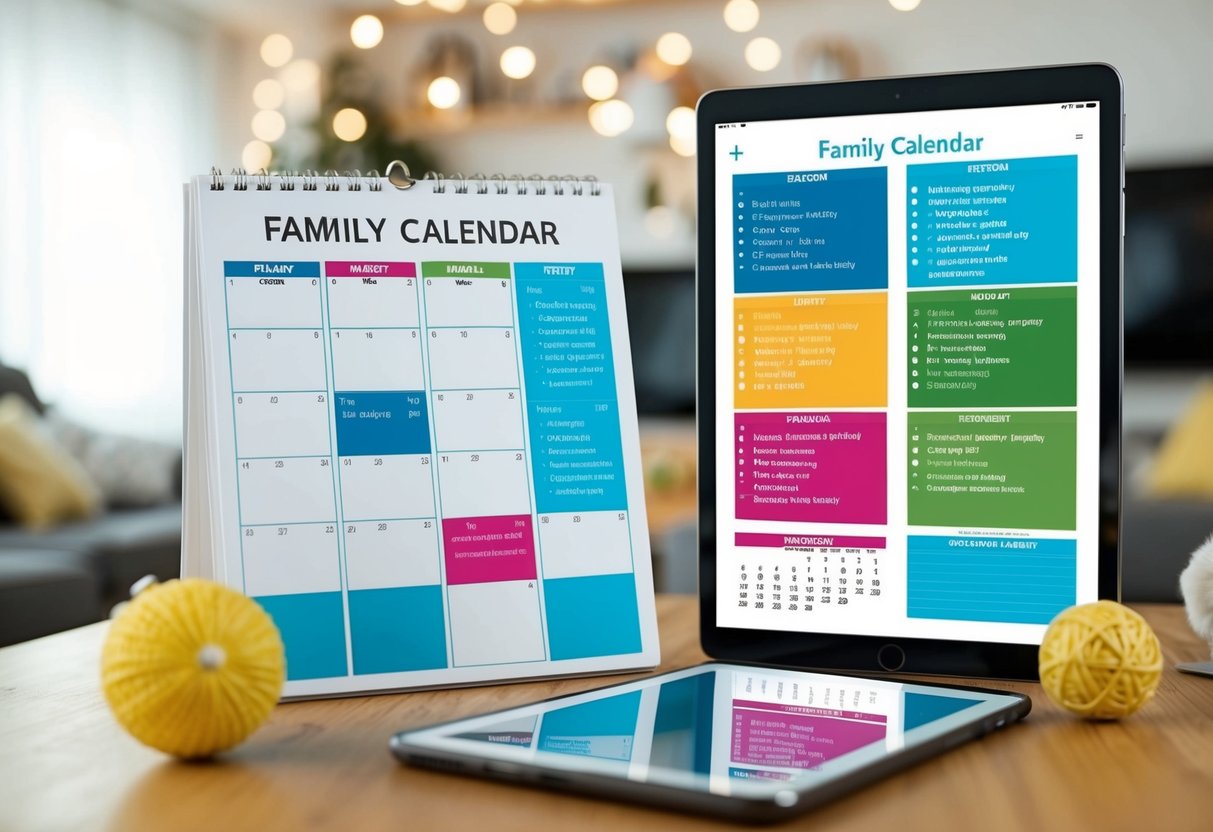 A family calendar with color-coded events, to-do lists, and meal plans displayed on a smartphone and tablet, surrounded by a cozy living room setting