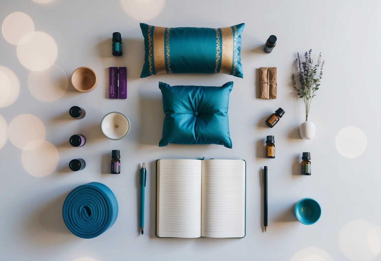 A serene setting with 9 tools arranged neatly, including a meditation cushion, calming essential oils, and a journal for mindful reflection
