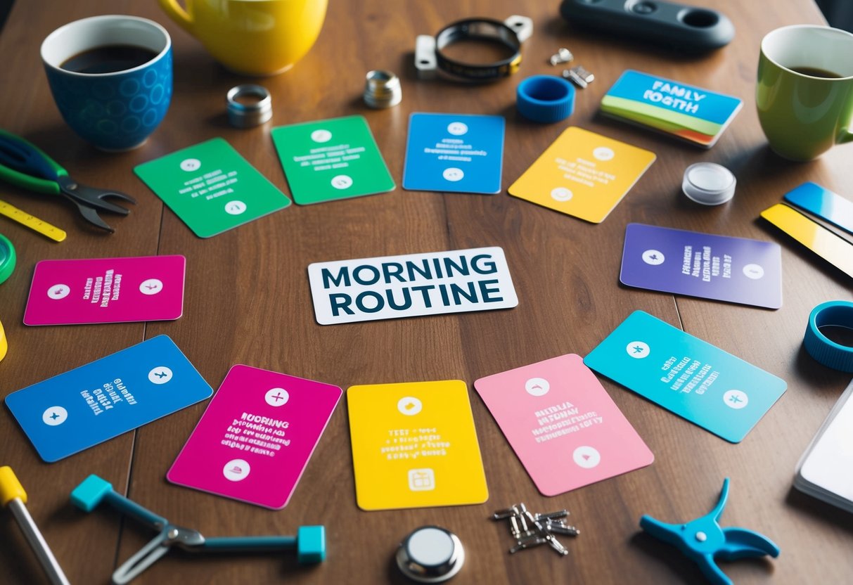 A table with colorful morning routine cards laid out, surrounded by various tools for creating a family routine