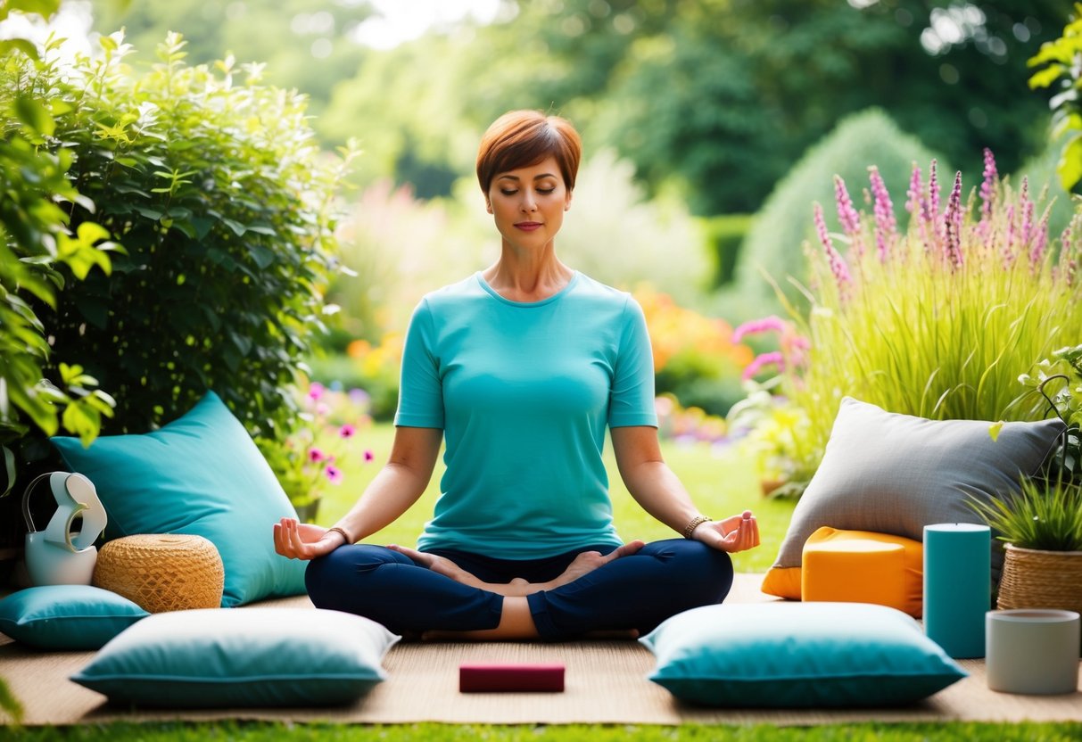 A serene garden with a parent surrounded by calming tools such as meditation cushions, soothing music, and relaxation exercises