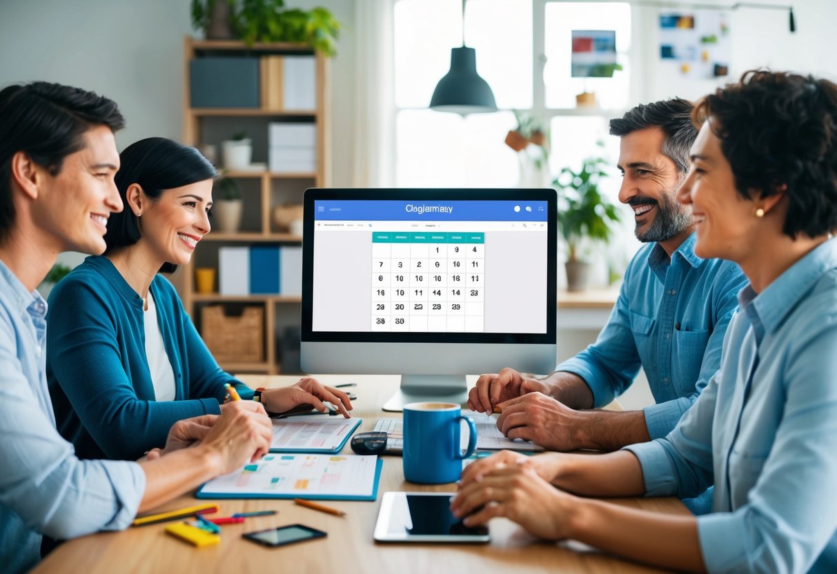 A family sitting around a table, using various tools and devices to organize their schedules and create a routine, with a Google Calendar displayed on a computer screen