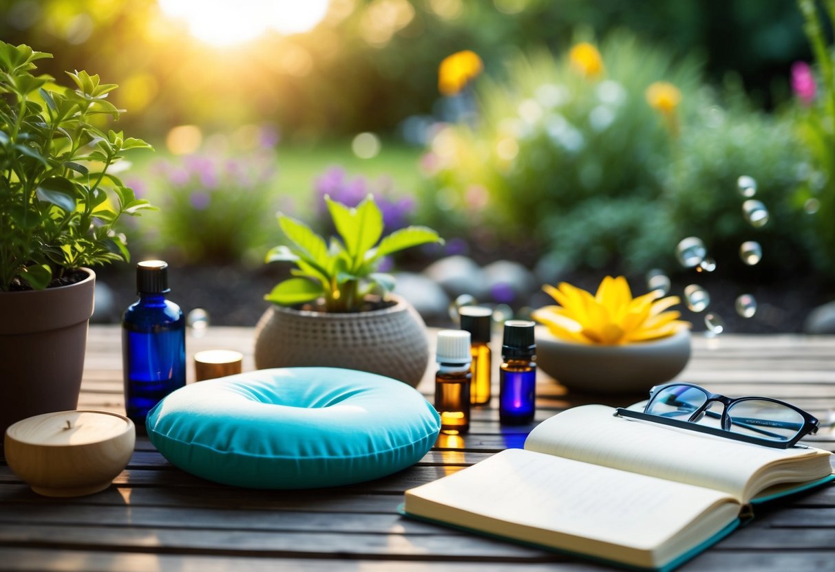 A serene garden with a variety of stress-relief tools such as a meditation cushion, calming essential oils, soothing music, and a journal for mindful reflection