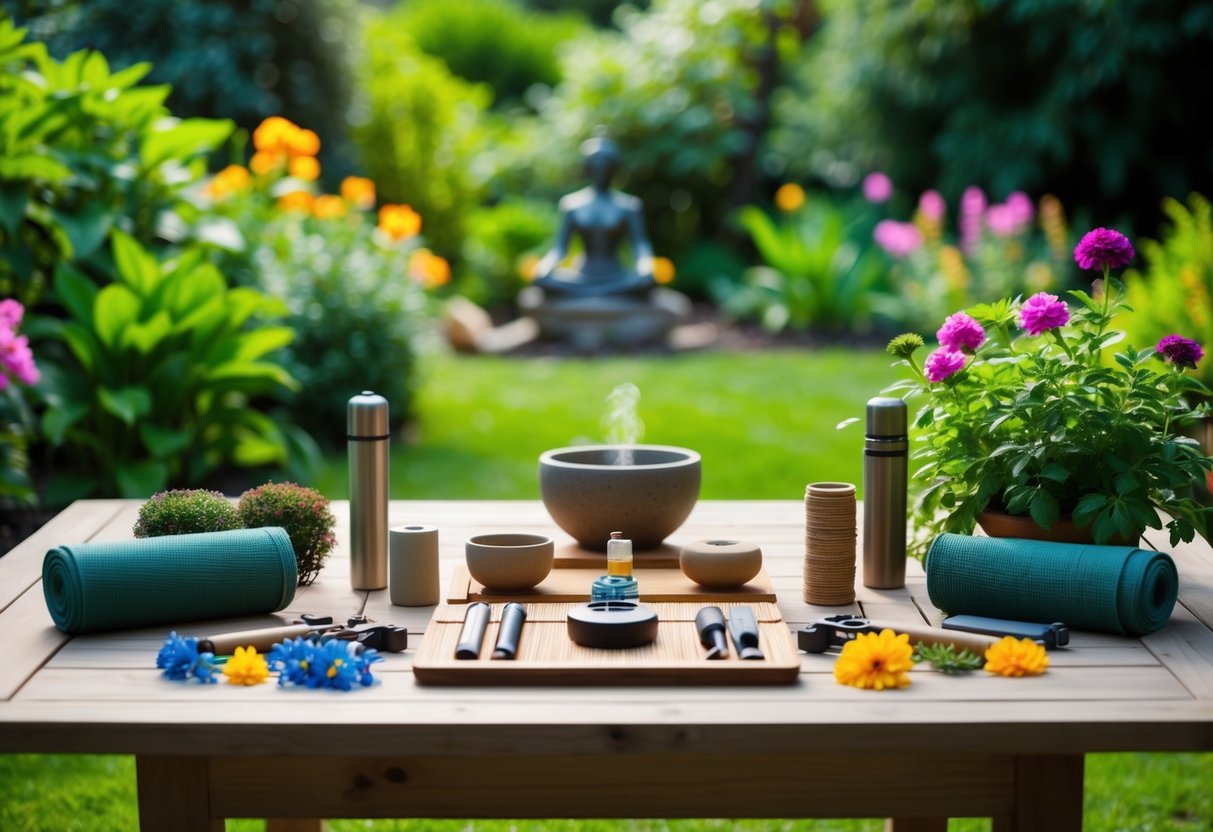 A serene garden with a variety of mindfulness tools laid out on a wooden table, surrounded by lush greenery and colorful flowers