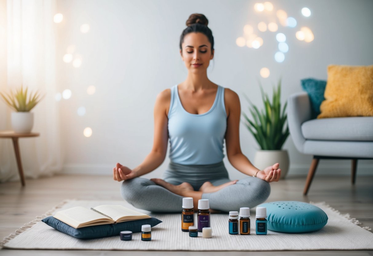 A serene parent surrounded by 9 calming tools, such as a journal, meditation cushion, and soothing essential oils, in a peaceful, clutter-free space