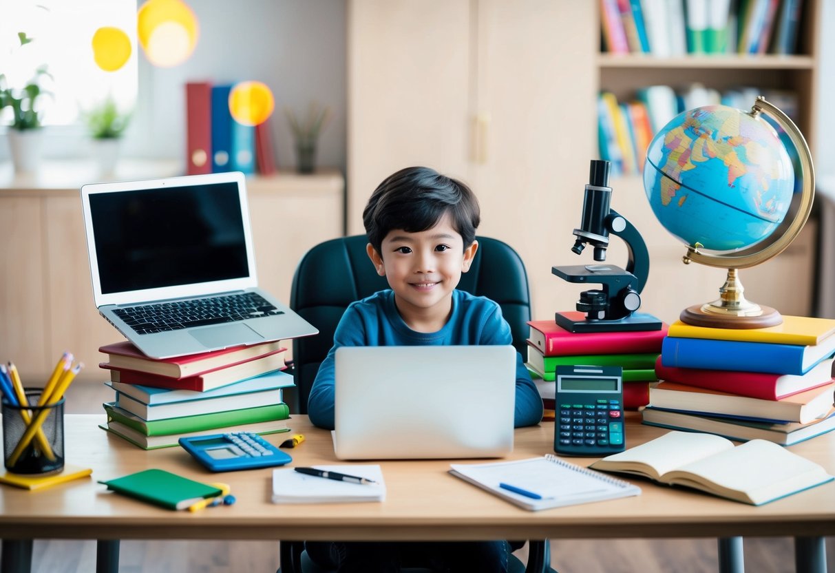 A child sitting at a desk surrounded by books, a laptop, a calculator, a globe, a microscope, and other educational tools