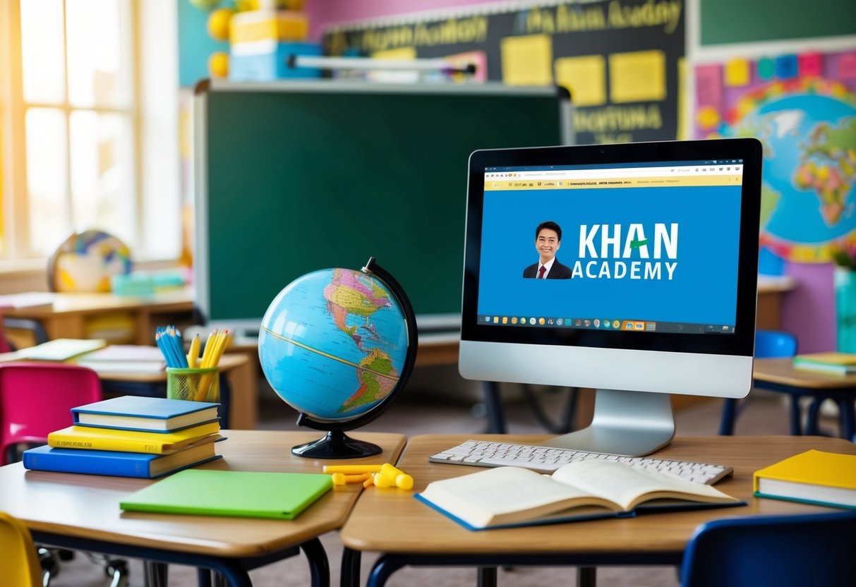 A colorful classroom setting with various educational tools such as books, a chalkboard, a globe, and a computer with Khan Academy displayed on the screen