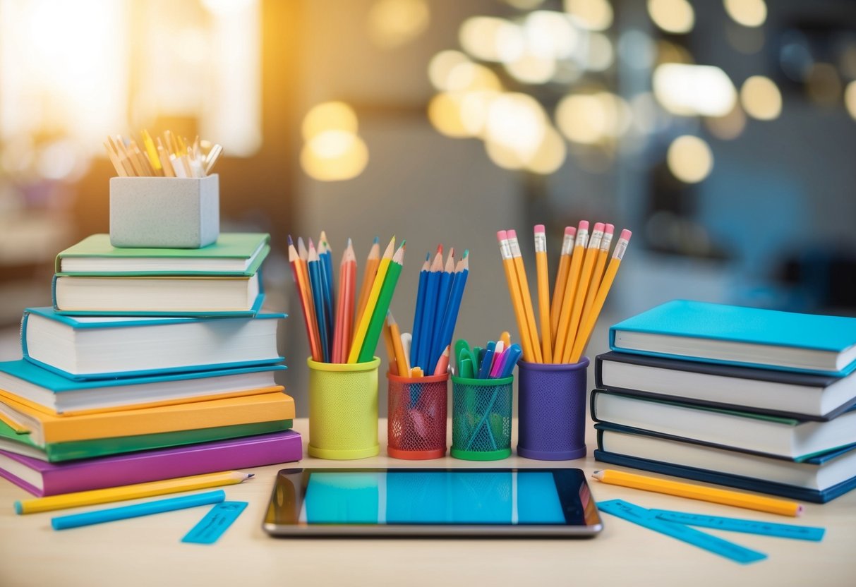 A colorful array of educational tools, including books, pencils, rulers, and a tablet, arranged neatly on a desk