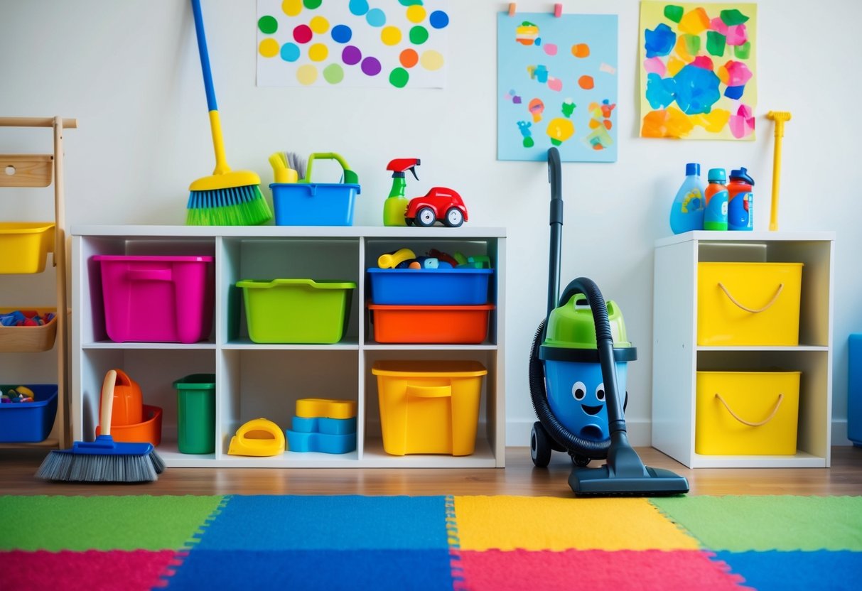 A colorful playroom with shelves holding cleaning supplies, child-sized broom and dustpan, toy vacuum, and storage bins for organizing toys. A child's artwork decorates the walls