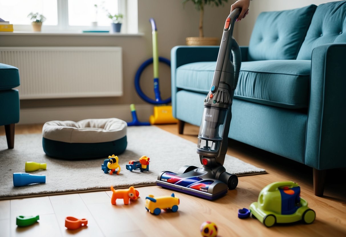 A living room with toys scattered on the floor, a pet bed in the corner, and a Dyson V11 Torque Drive vacuum with various cleaning tools nearby