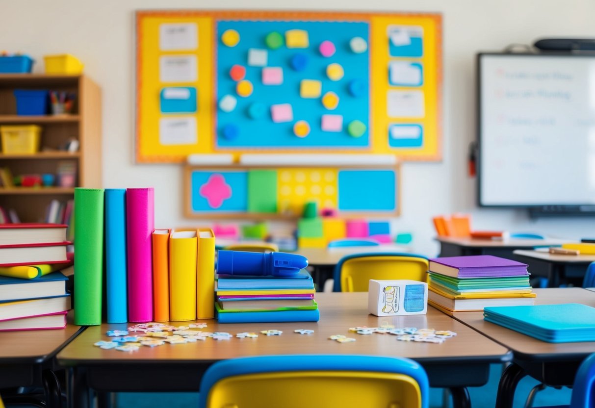 A colorful classroom filled with educational tools such as books, puzzles, flashcards, and a whiteboard with markers and erasers