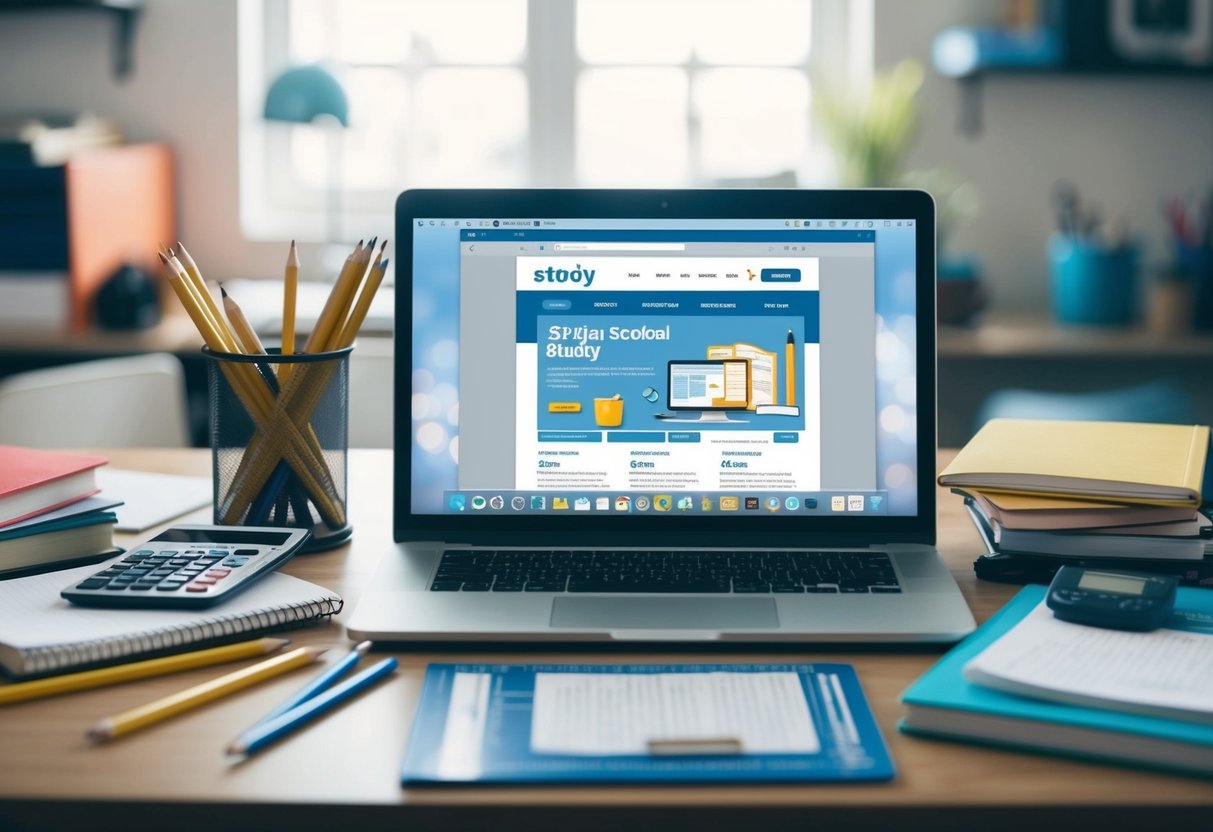 A desk with various educational tools such as pencils, rulers, notebooks, and a calculator scattered around. A laptop open to a study website