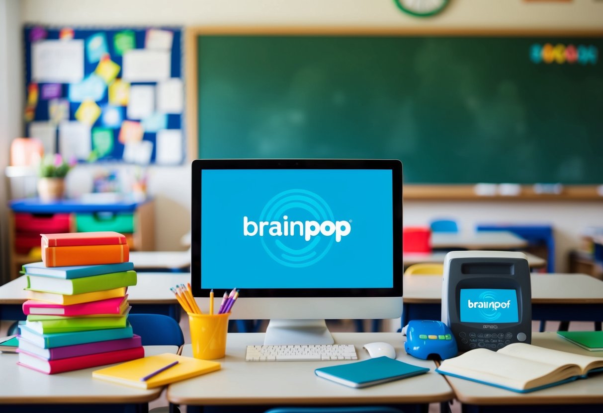A colorful classroom with various educational tools such as books, pencils, a chalkboard, and a computer displaying BrainPOP's logo