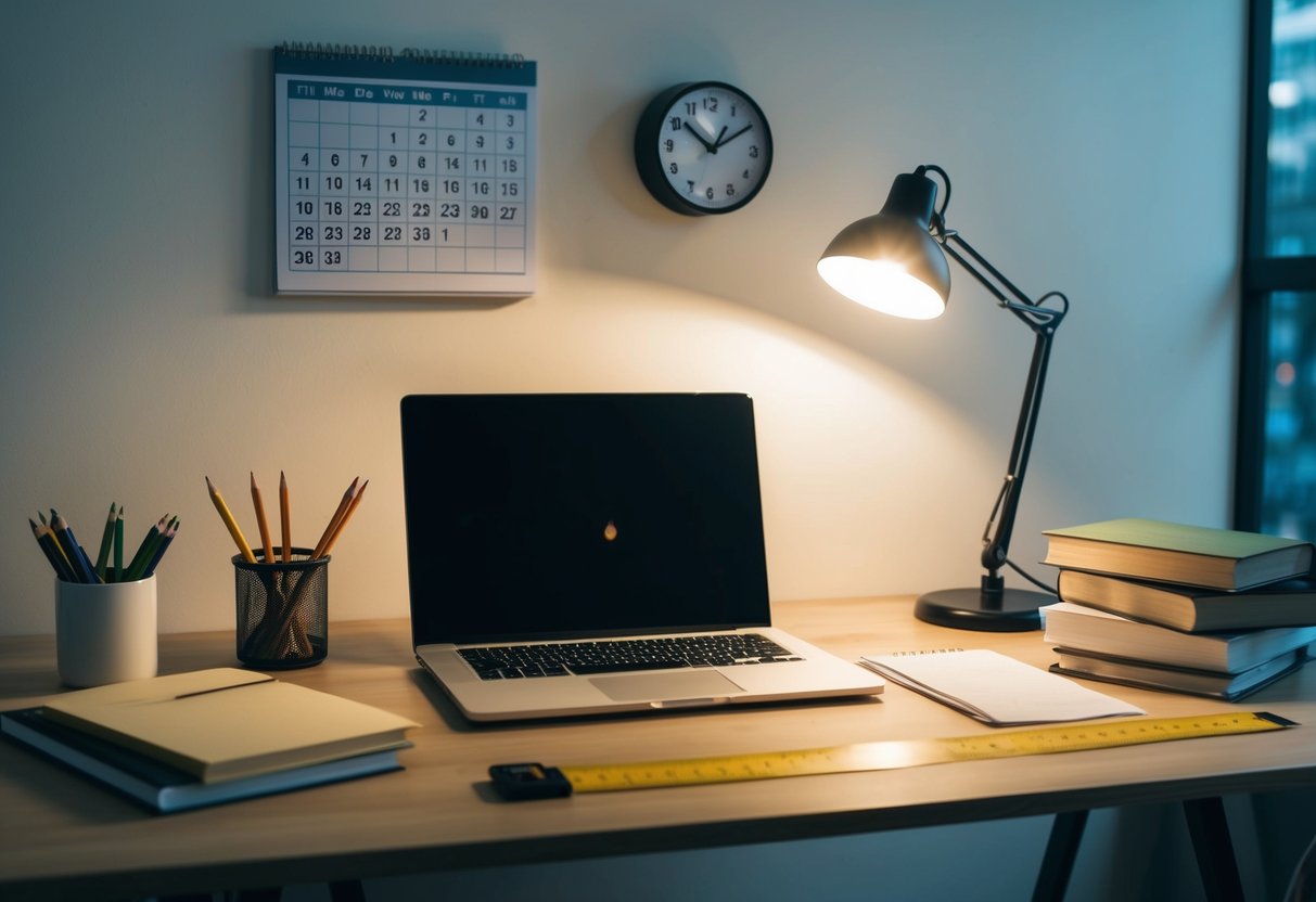 A desk with a laptop, books, pencils, and a ruler. A bright lamp illuminates the workspace. A calendar and clock hang on the wall