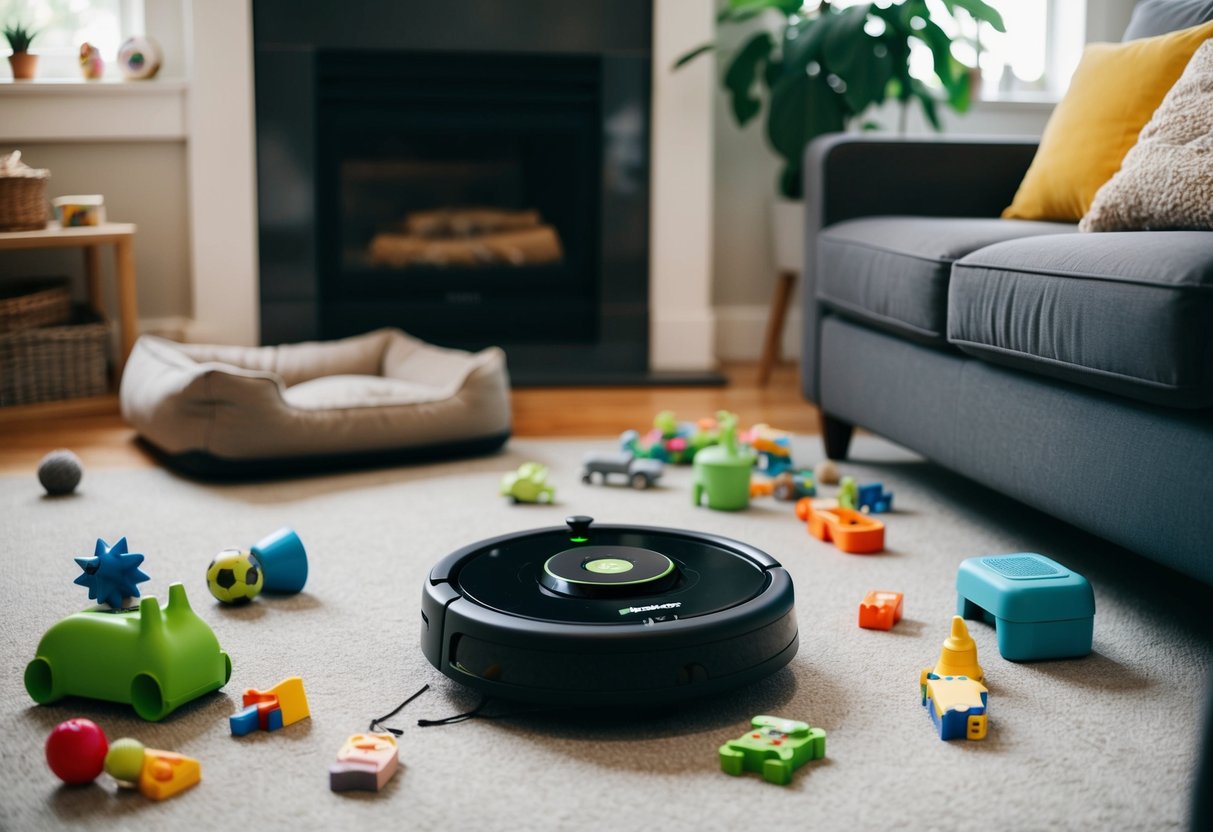 A cluttered living room with toys scattered on the floor, a pet bed in the corner, and the iRobot Roomba i7+ navigating around obstacles