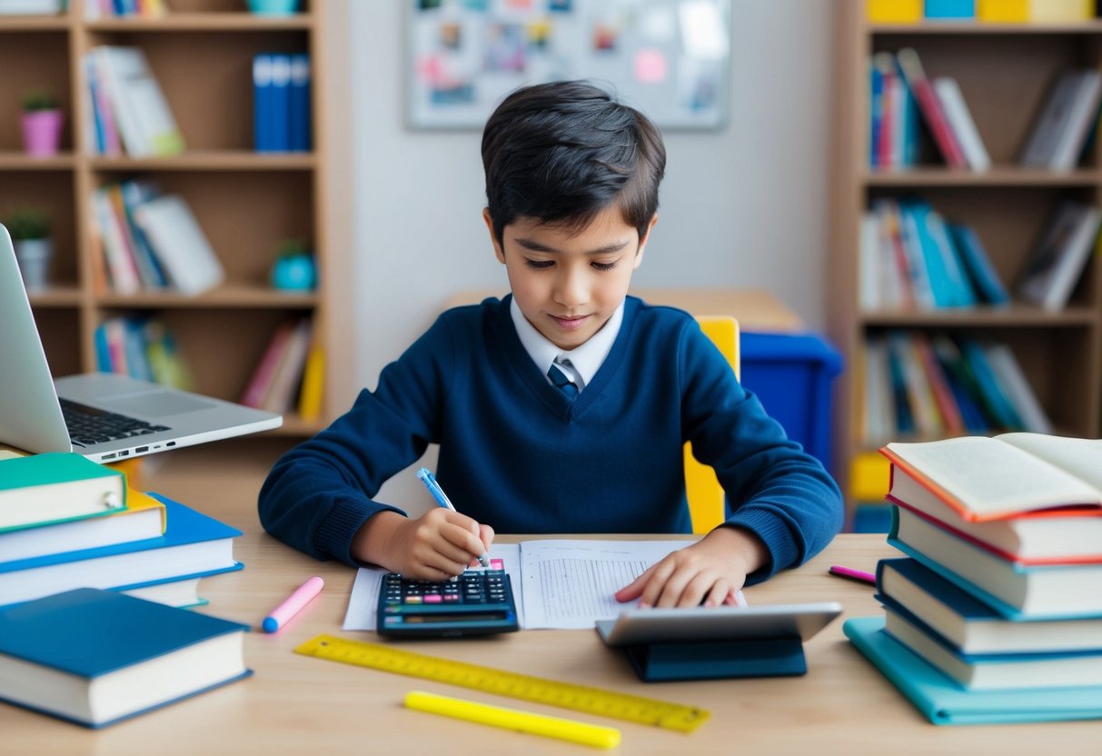 A child sits at a desk surrounded by books, a laptop, and various school supplies. They are using a calculator, ruler, and highlighter to complete their homework
