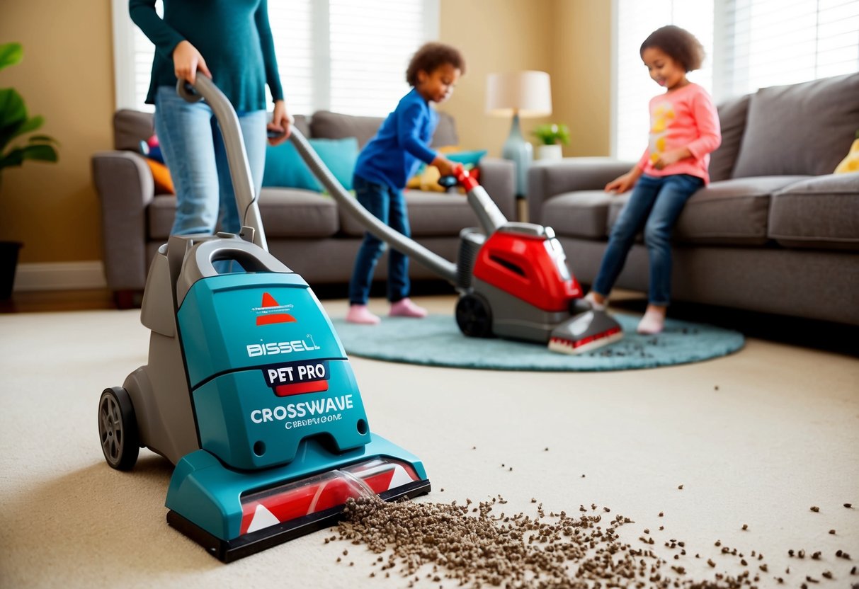A living room with a Bissell CrossWave Pet Pro in action, cleaning up pet hair and spills while kids play nearby