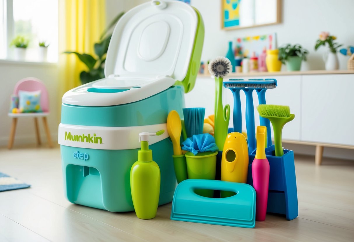 A Munchkin Step Diaper Pail placed next to a neatly organized array of 10 cleaning tools in a bright and child-friendly home setting