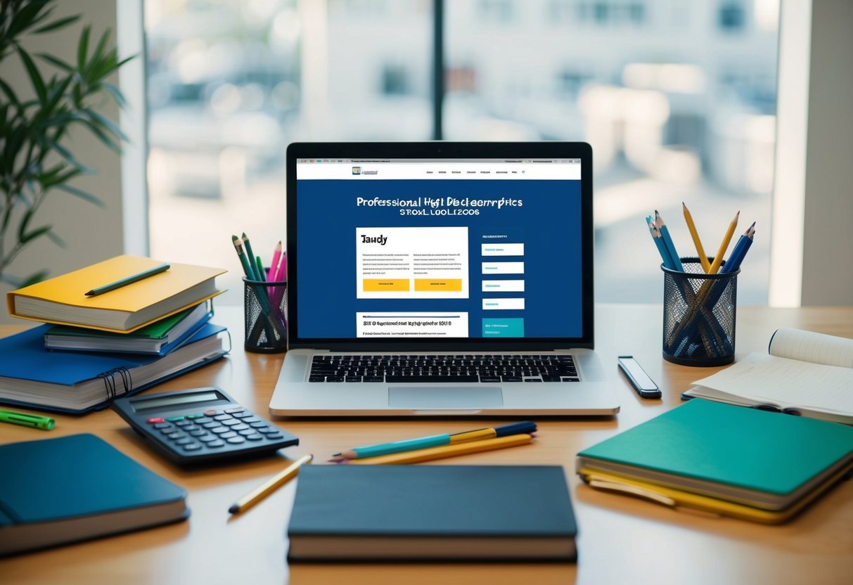 A desk with various school supplies scattered around, including notebooks, pens, pencils, a calculator, and a laptop open to a study website