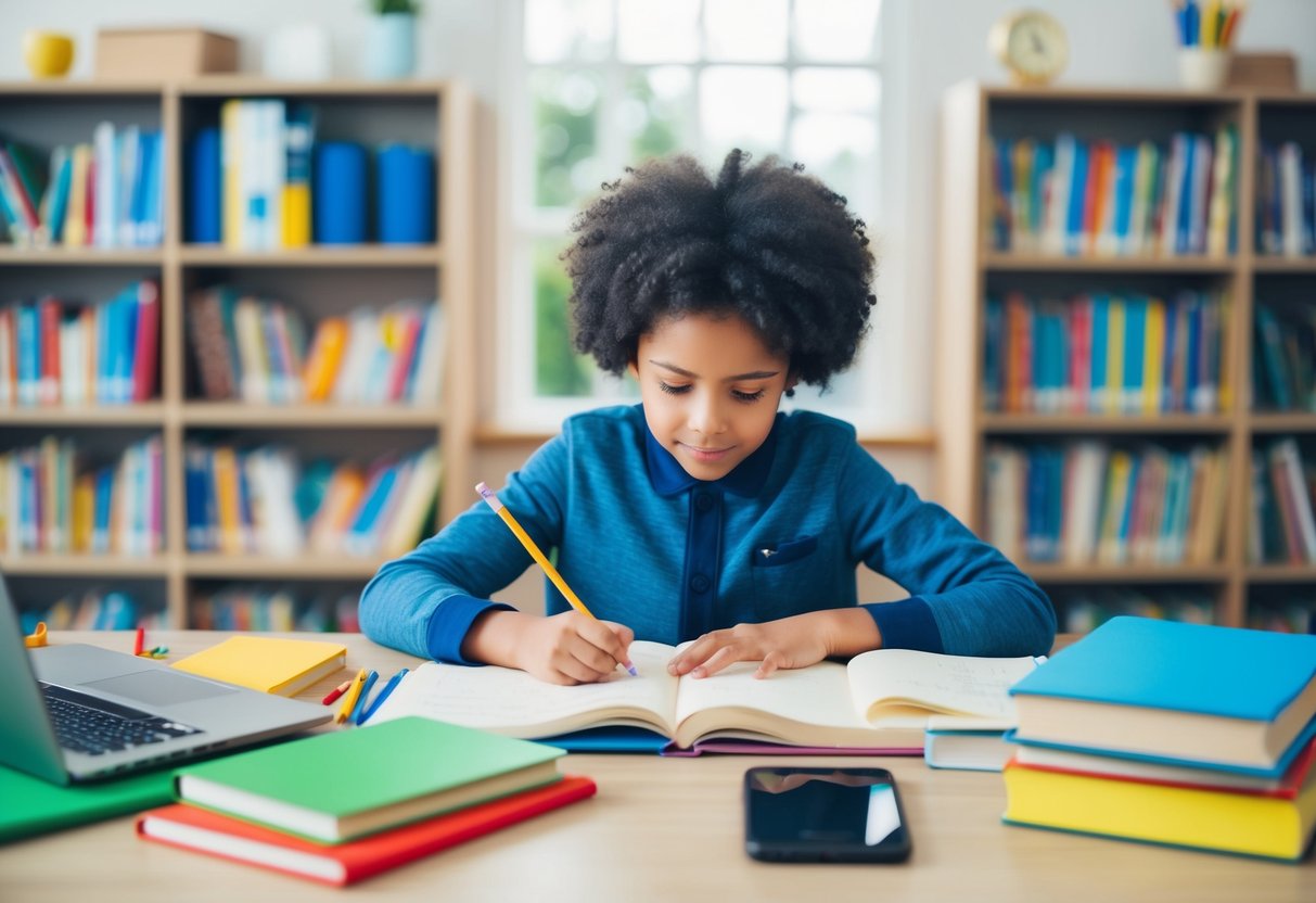 A child sits at a desk surrounded by books, a laptop, and various school supplies. They are focused and engaged in their homework, using Google Scholar to aid their studies