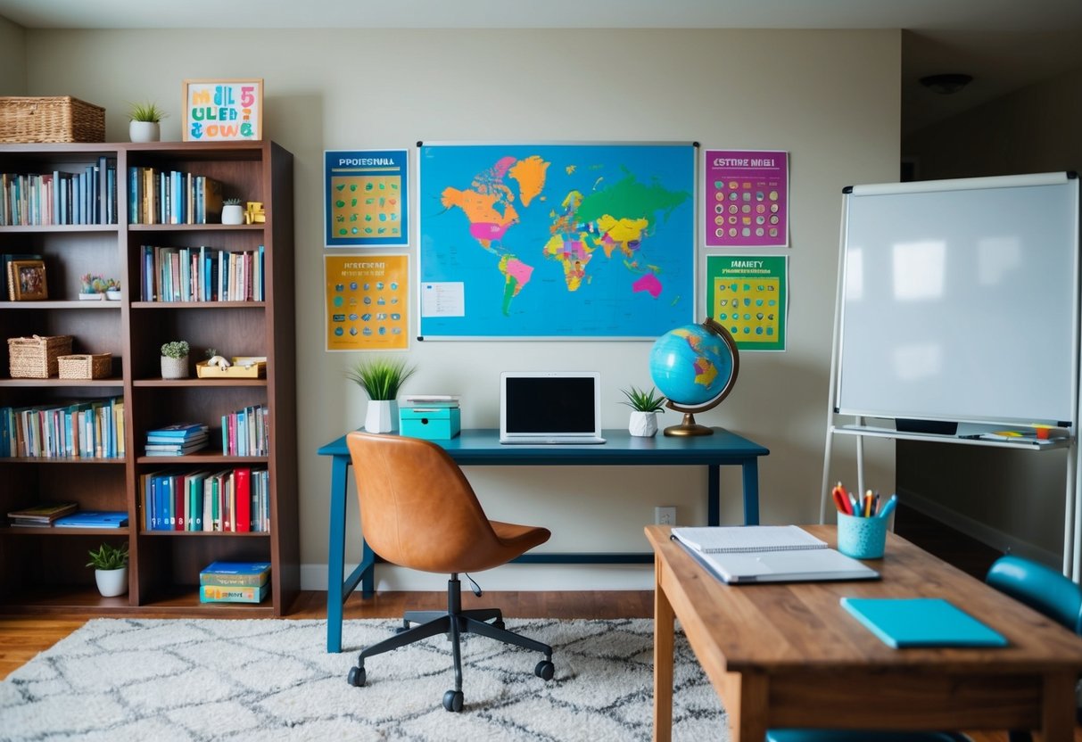 A cozy home setting with a bookshelf, a desk with educational materials, a globe, a tablet or laptop, a whiteboard, and colorful educational posters on the wall