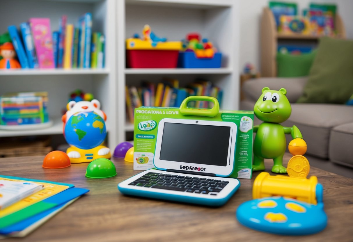 A cozy living room with a bookshelf filled with educational tools, including the LeapFrog LeapReader, surrounded by colorful toys and learning materials