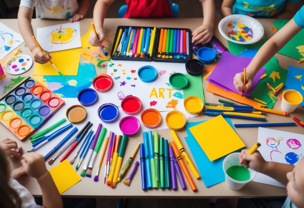 A colorful array of art supplies scattered on a table, including paint, brushes, markers, crayons, and paper, surrounded by children's drawings and creations