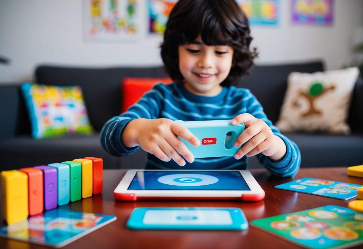 A child using Osmo learning tools with an iPad, surrounded by educational games and interactive activities