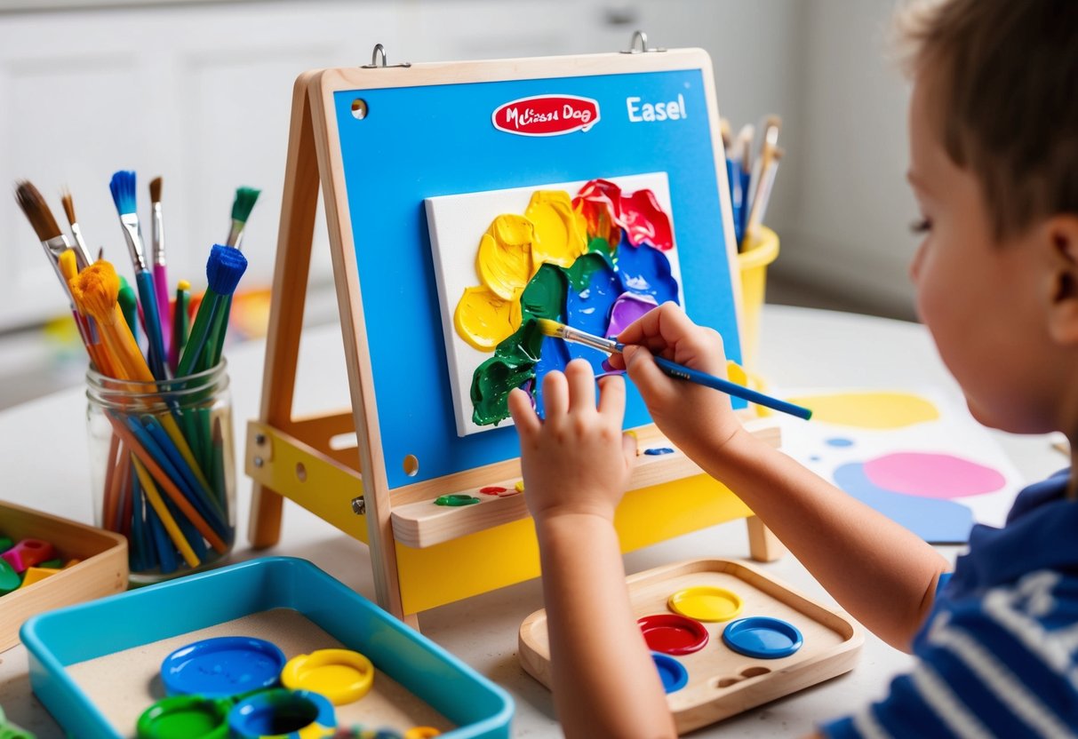 A child's hands painting on a Melissa & Doug easel, surrounded by colorful art supplies and a vibrant, imaginative masterpiece taking shape on the canvas