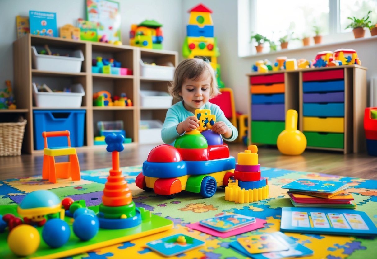 A child's playroom with a colorful array of educational toys and tools, including puzzles, flashcards, and activity books
