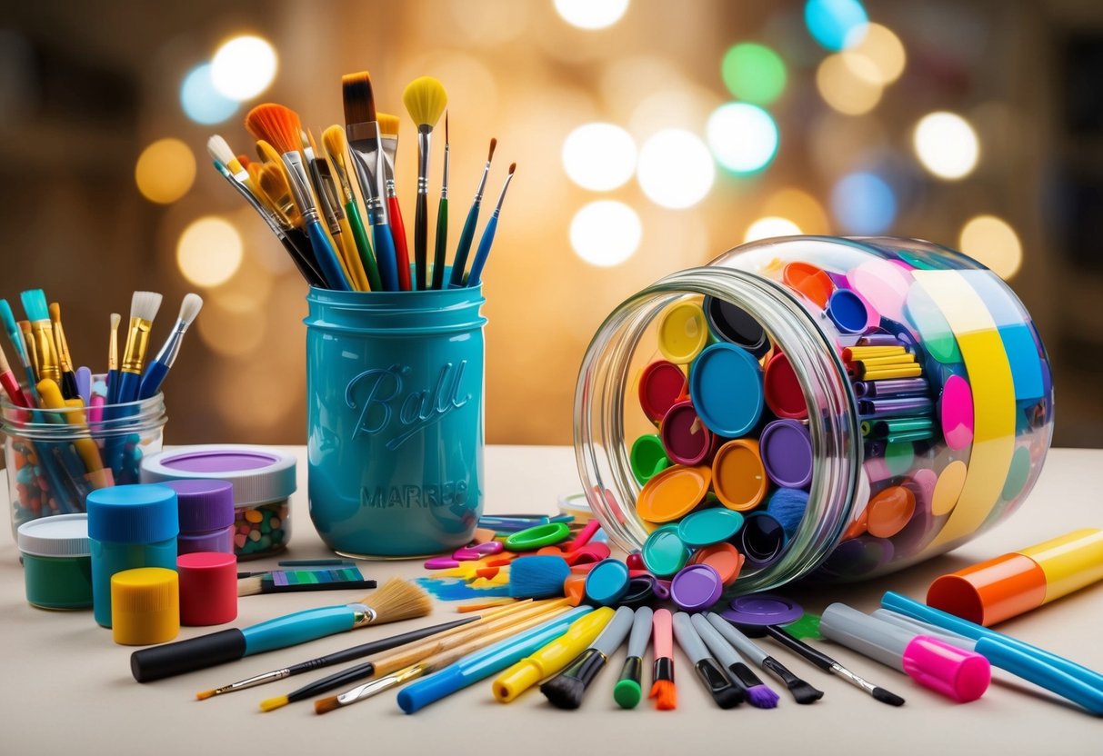 A colorful array of art supplies spills out of a giant jar, including paint, brushes, markers, and other tools for creativity